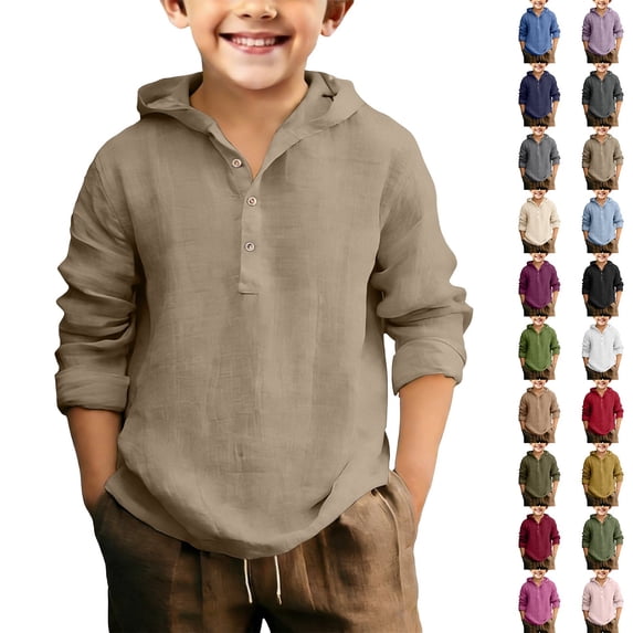 Children's Cotton Linen Button Up Long Sleeve Hooded Shirt Plain Casual