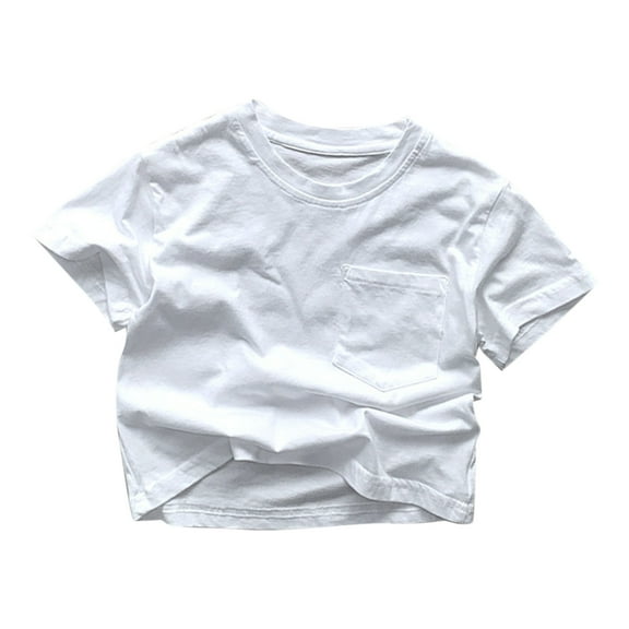 Children's Cotton T Shirts with Pocket Short Sleeve Crew Neck Shirts for Kid Summer Solid Loose Casual Tee (3-4 Years, White)