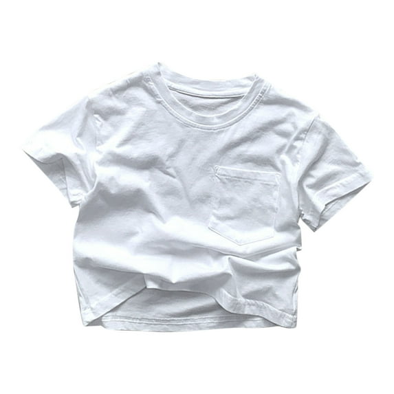 Children's Cotton T Shirts with Pocket Short Sleeve Crew Neck Shirts for Kid Summer Solid Loose Casual Tee (3-4 Years, White)