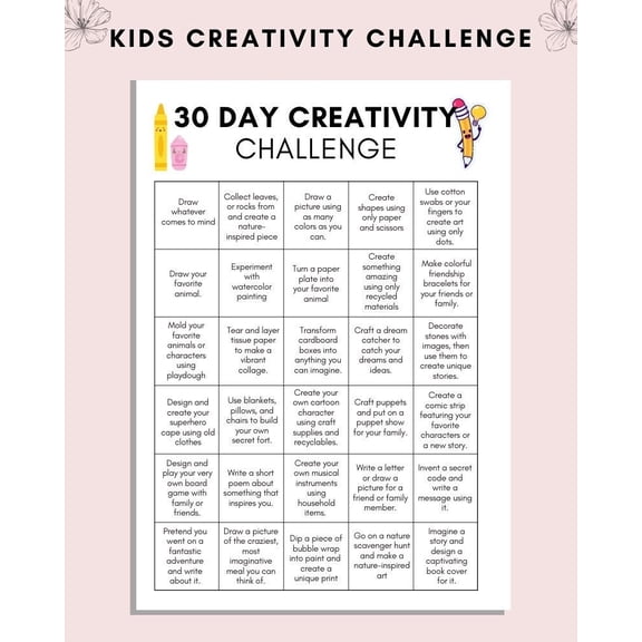 Children's Creative Challenge 30 Day Drawing Tips Poster