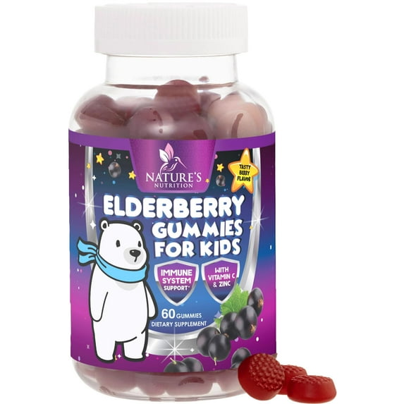 Kids Immune Support Elderberry Gummies - Daily Children's Vitamins C, Zinc & Kids Support Gummy - Nature's Sambucus Elderberry Supplement, Vegan, Gluten-Free, Tasty Berry Flavor - 60 Gummies