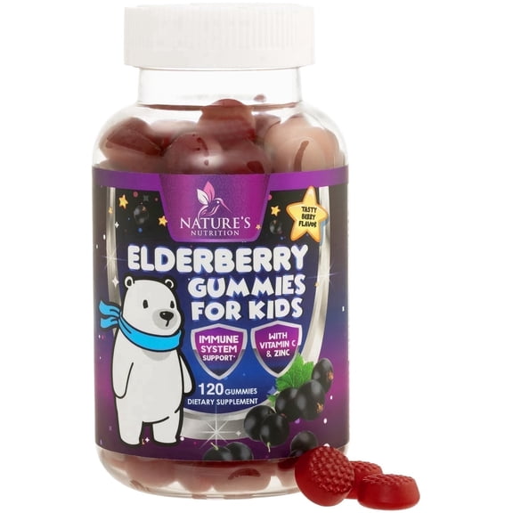 Kids Immune Support Elderberry Gummies - Daily Children's Vitamins C, Zinc & Kids Support Gummy - Nature's Sambucus Elderberry Supplement, Vegan, Gluten-Free, Tasty Berry Flavor - 120 Gummies