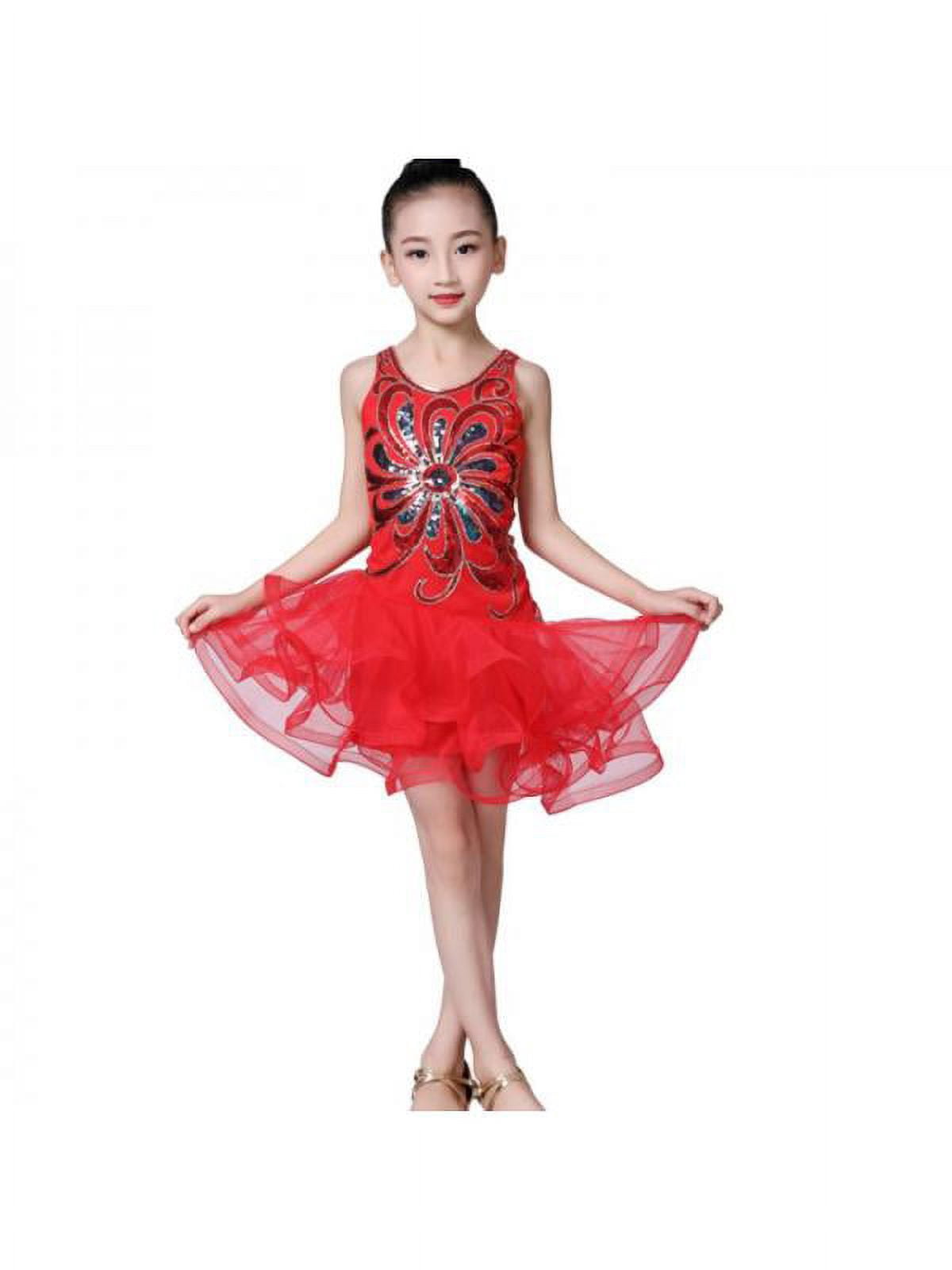 DANCE QUEEN 2328-3 Kid Pleated long Sleeve Red Latin Dress