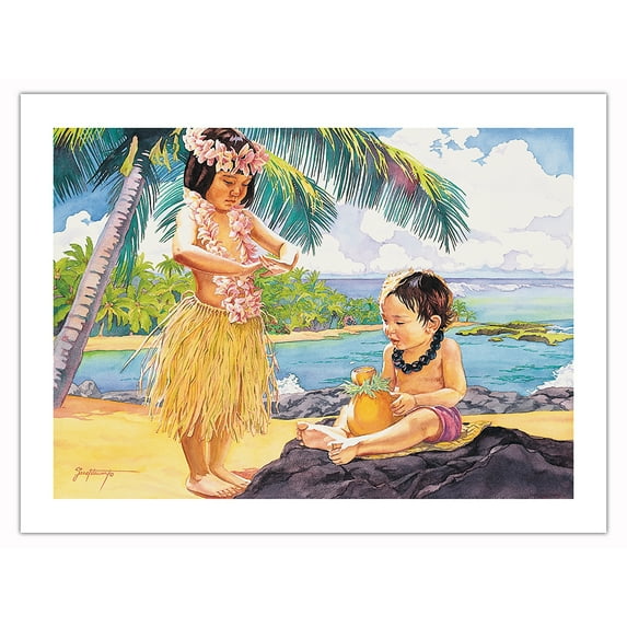 Childrenʻs Dance (Ka Hula Keiki) - Hawaiian Hula - From an Original Watercolor Painting by Janet Stewart - Bamboo Fine Art 290gsm Paper (Unframed) 12x16in