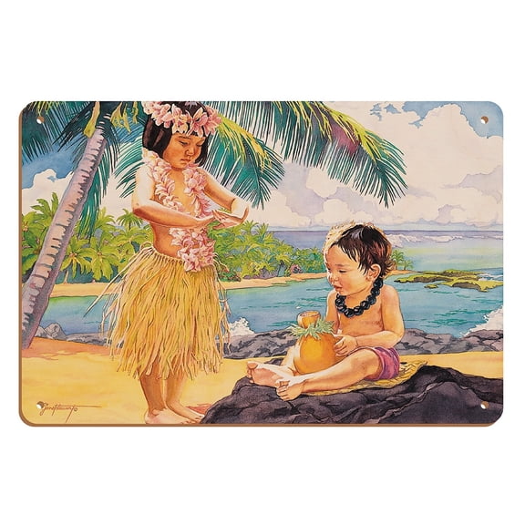 Childrenʻs Dance (Ka Hula Keiki) - Hawaiian Hula - From an Original Watercolor Painting by Janet Stewart - 8 x 12 inch Vintage Wood Art Sign