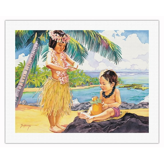 Childrenʻs Dance (Ka Hula Keiki) - Hawaiian Hula - From an Original Watercolor Painting by Janet Stewart - Fine Art Rolled Canvas Print 20in x 26in
