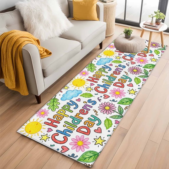 Children's Day 2'x6' Runner Rugs for Hallway Kitchen Bedside Non Slip Washable, Cartoon Cute Sun Nature Flowers Leaf Entryway Rug Runners with Rubber Backing, Long Carpet Runner for Laundry Room
