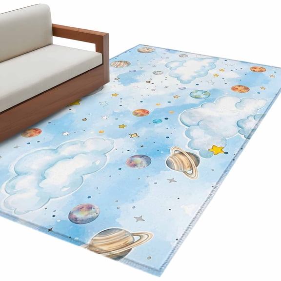 Children's Day Area Rug 4x6 Washable Rug Non Slip Galaxy Universe Stars Planets Moons Large Area Rug Indoor Floor Carpet for Entryway Bedroom Kitchen Living Room Home Office Dining Room Nursery