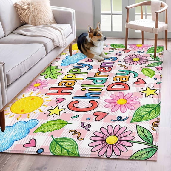 Children's Day Area Rugs 3'x5', Washable Small Throw Rugs for Living Room Bedroom, Cartoon Cute Flowers Leaf Pink Plaid Indoor Outdoor Rug Non-Slip Low Pile Carpet Runner Reversible Floor Mats