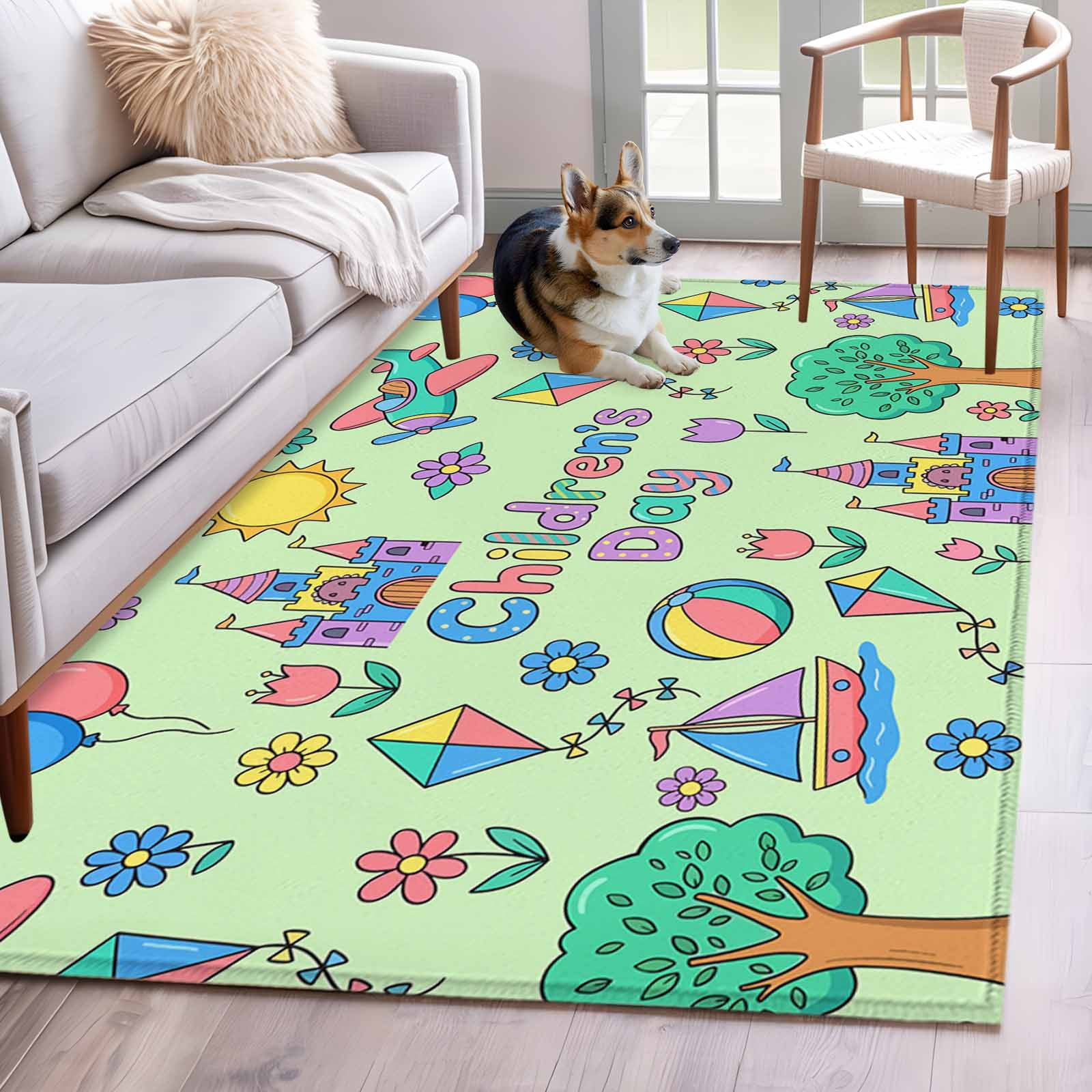 Children's Day Area Rugs 3x5 ft Cartoon Sun Airplanes Castles Kites ...