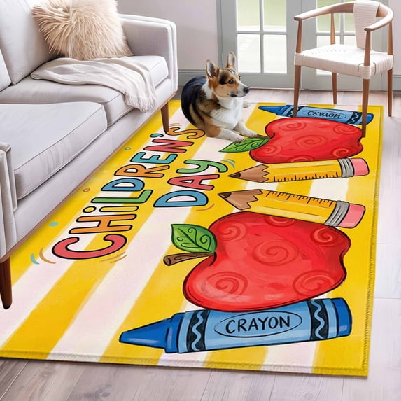 Children's Day Area Rugs 4'x6', Washable Small Throw Rugs for Office Bathroom, Cartoon Pencil Watercolor Yellow Striped Indoor Outdoor Rug Non-Slip Low Pile Carpet Runner Reversible Floor Mats
