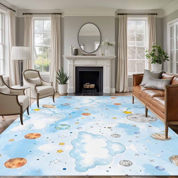 Children's Day Area Rugs 5'x8', Washable Small Throw Rugs for Classroom Bedroom, Galaxy Universe Stars Planets Moons Indoor Outdoor Rug Non-Slip Low Pile Carpet Runner Reversible Floor Mats