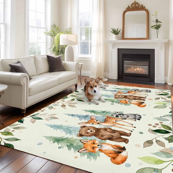 Children's Day Area Rugs 5x7 ft Cartoon Animal Elephant Zebras Fox Giraffe Leaf Beige Washable Rug Non Slip Indoor Carpet Absorbent Floor Mat for Living Room Bedroom Dining Room