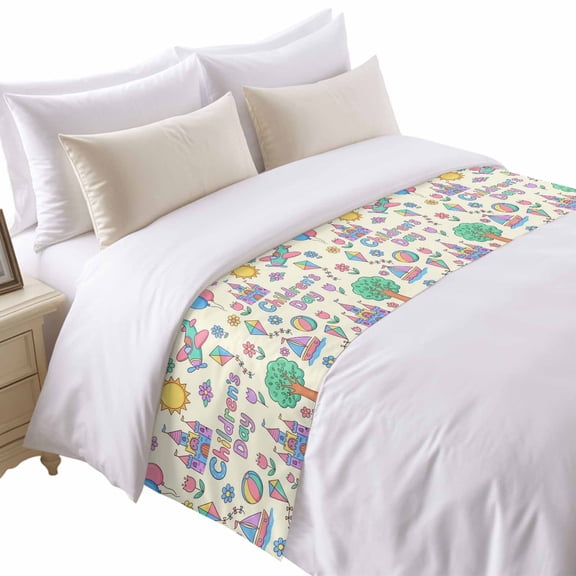 Children's Day Bed Runner for Queen Size Bed, Cartoon Sun Airplanes Castles Kites Boat Balloon Beige Soft Bedding Scarf Bedding Protector Slipcover Sofa Throw for Bedroom Hotel Guesthouse