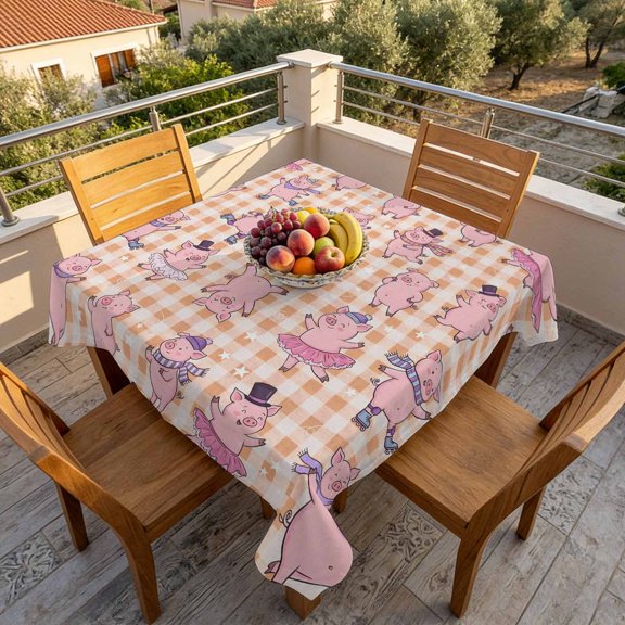 Children's Day Cute Cartoon Pink Pig Table Cloth 60x60in, Waterproof Square Tablecloth Wipeable Tablecloths Yellow Buffalo Plaid Table Covers for Dining Tables Party Indoor Outdoor