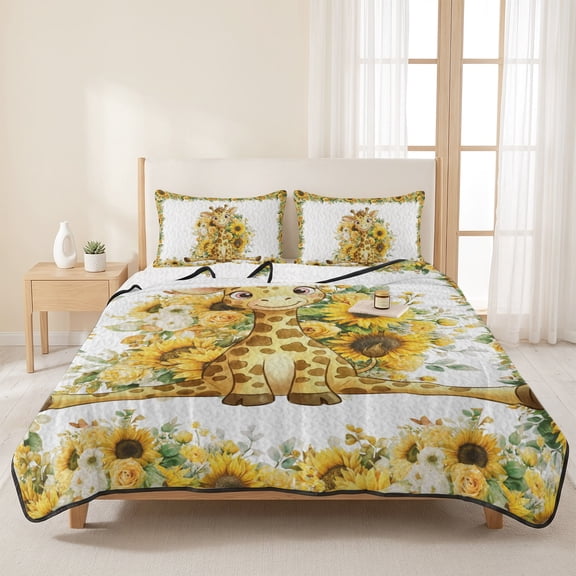 Children's Day Cute Giraffe 3 Pieces Quilt Set,1 Quilt with 2 Shams,Farm Sunflowers Bedspread Soft Lightweight Bedding Coverlet Comforter Set for All Season 96"x106"