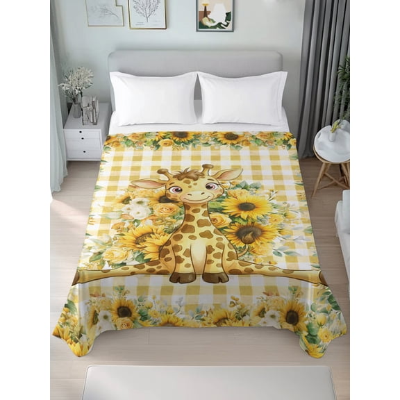 Children's Day Cute Giraffe Queen Size Flat Sheet Only,Soft Top Bed Sheets Breathable Bedding Sheet Farm Sunflowers Yellow Plaid Microfiber Hotel Flat Sheets