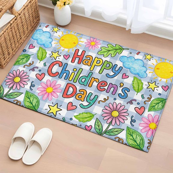Children's Day Entryway Rug 2'x3'&nbsp; Non Slip Front Door Mats, Cartoon Cute Flowers Leaf Blue Plaid Entrance Rugs Indoor Outdoor Carpet, Washable Floor Mats Small Area Rug for Bedroom Kitchen