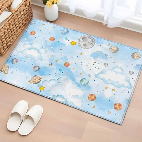 Children's Day Entryway Rug 2'x3' Non Slip Front Door Mats, Galaxy Universe Stars Planets Moons Entrance Rugs Indoor Outdoor Carpet, Washable Floor Mats Small Area Rug for Bedroom Kitchen