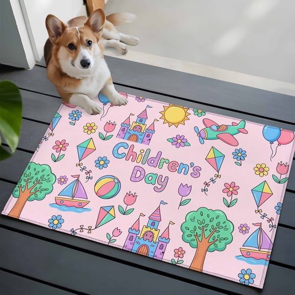 Children's Day Front Door Rugs 2x3 ft Cartoon Sun Airplanes Castles Kites Boat Balloon Pink Small Rug for Entryway Non Slip Washable Bathroom Door Mat Absorbent Floor Mat for Indoor Entrance