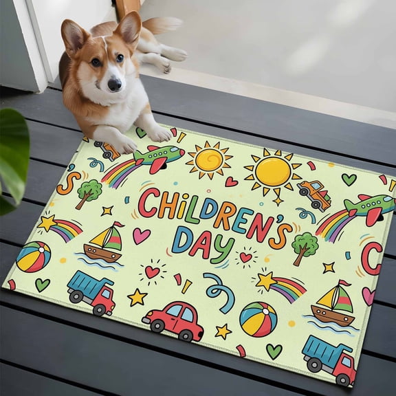 Children's Day Front Door Rugs 2x3 ft Cartoon Sun Castle Boat Truck Leather Ball Green Small Rug for Entryway Non Slip Washable Bathroom Door Mat Absorbent Floor Mat for Indoor Entrance