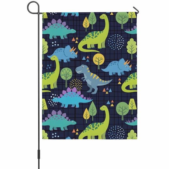 Children's Day Garden Flag 12x18 Inch Cartoon Green Dinosaurs Geometric Tree Deep Blue Double Sided Outdoor Garden Flags Welcome House Flag Decorative Yard Flags for Outside Holiday Decoration