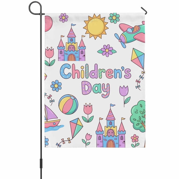 Children's Day Garden Flags For Outdoor, Cartoon Sun Airplanes Castles Kites Boat Balloon Small Double Side Yard Flags Weather Proof Garden Decor for Lawn Outside Holiday 12 x 18 Inches