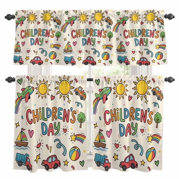 Children's Day Kitchen Curtains and Valances Set, Cartoon Sun Castle Boat Truck Leather Ball Beige Rod Pocket Window Valance Window Curtain Panels for Living Room Bedroom Laundry, 27.5x24in, 3 Pieces