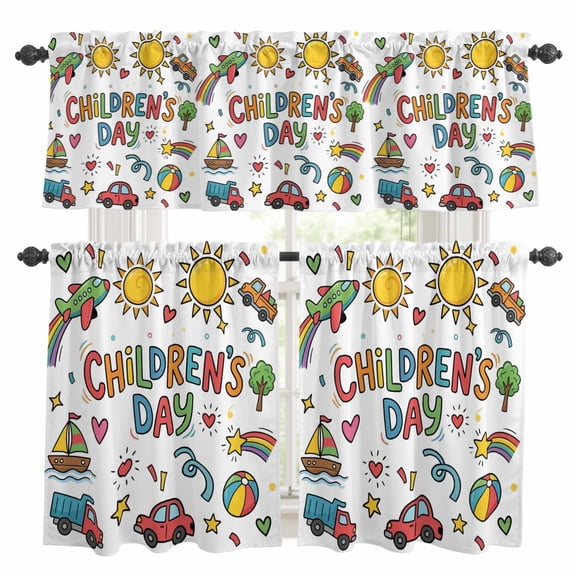 Children's Day Kitchen Curtains and Valances Set, Cartoon Sun Castle Boat Truck Leather Ball Love Rod Pocket Window Valance Window Curtain Panels for Living Room Bedroom Laundry, 27.5x24in, 3 Pieces