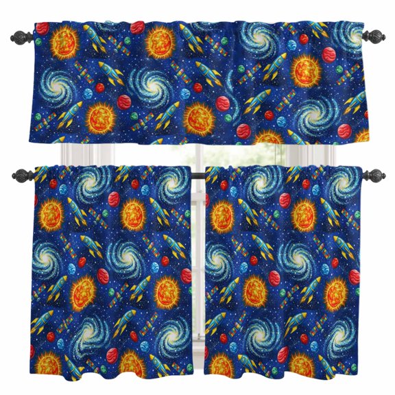 Children's Day Kitchen Curtains and Valances Set, Universe Black Space Satellite Rocket Planet Deep Blue Rod Pocket Window Valance Window Curtain Panels for Living Room Laundry, 27.5x24in, 3 Pieces