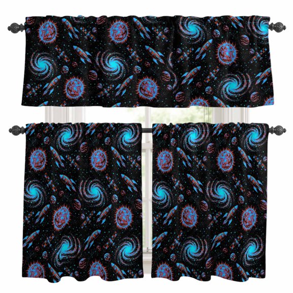 Children's Day Kitchen Curtains and Valances Set, Universe Black Space Satellite Rocket Planet Rod Pocket Window Valance Window Curtain Panels for Living Room Bedroom Laundry, 27.5x24in, 3 Pieces