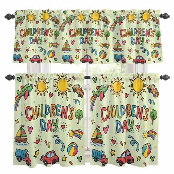 Children's Day Kitchen Curtains Valances and Tiers Set of 3 Cartoon Sun Castle Boat Truck Leather Ball Green Tier Curtains and Valance with Rod Pocket for Small Windows, 27.5"x24"