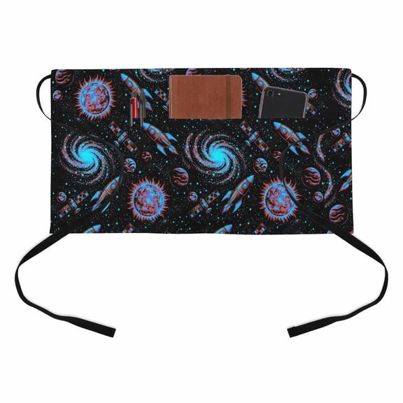 Children's Day Kitchen Restaurant Half Waist Apron, Universe Black Space Satellite Rocket Planet Server Short Apron with 3 Pockets Waterproof Oil Waist Aprons for Women Waitress Waiter