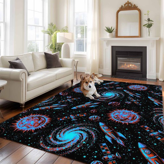 Children's Day Large Area Rugs 5x8 ft Universe Black Space Satellite Rocket Planet Washable Rug Non Slip Indoor Carpet Absorbent Floor Mat for Living Room Bedroom Dining Room
