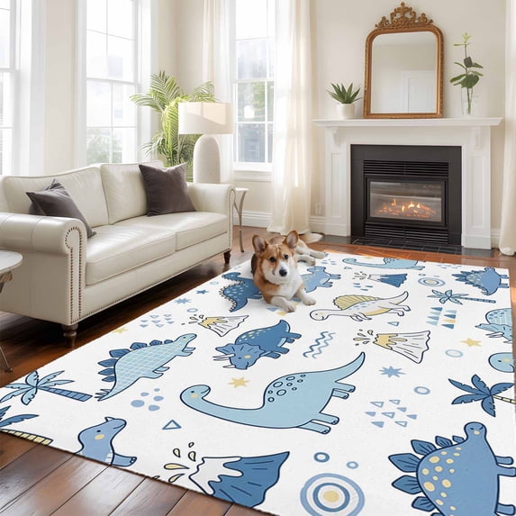 Children's Day Large Area Rugs 8x10 ft Cartoon Blue Dinosaurs Volcanoes Palm Tree Washable Rug Non Slip Indoor Carpet Absorbent Floor Mat for Living Room Bedroom Dining Room