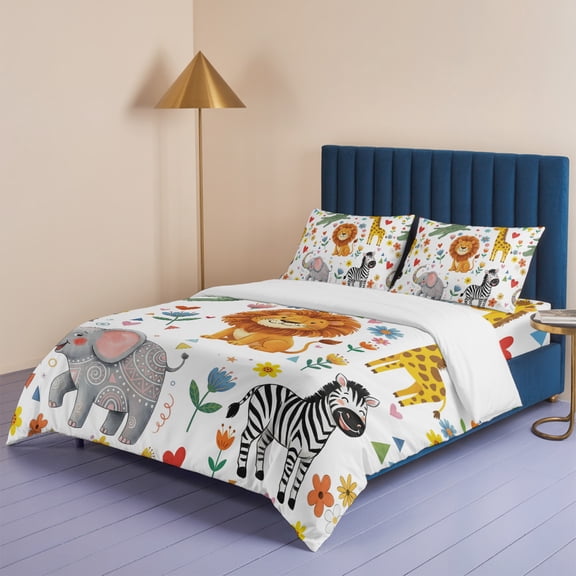Children's Day Lion Elephant Queen Size Bed Set,Giraffe Zebra Crocodile Bedding for All Seasons,4 Pcs Bed Set,1 Quiltcover (90"x90"),1 Sheet (90"x102"),2 Pillowcases (20"x30")