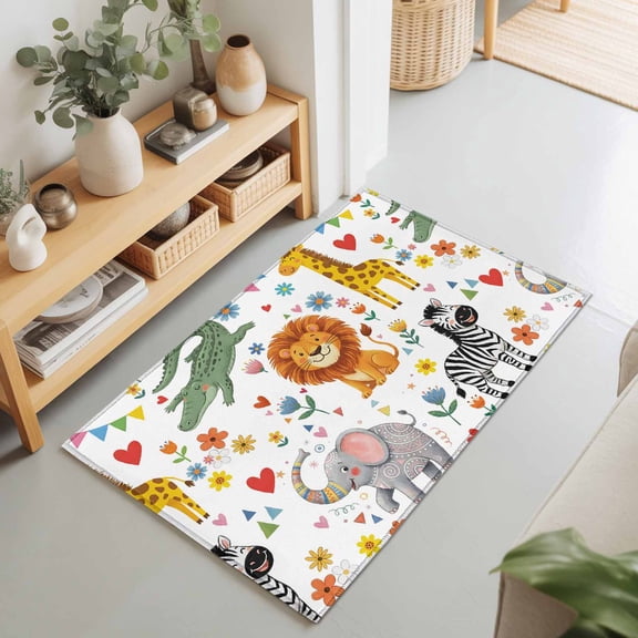 Children's Day Lion Elephant Rectangle Area Rug 2x3ft,Living Room Rug Non-Slip Washable Circle Rugs Pad,Giraffe Zebra Crocodile Soft Floor Carpet for Bedroom Dining Room