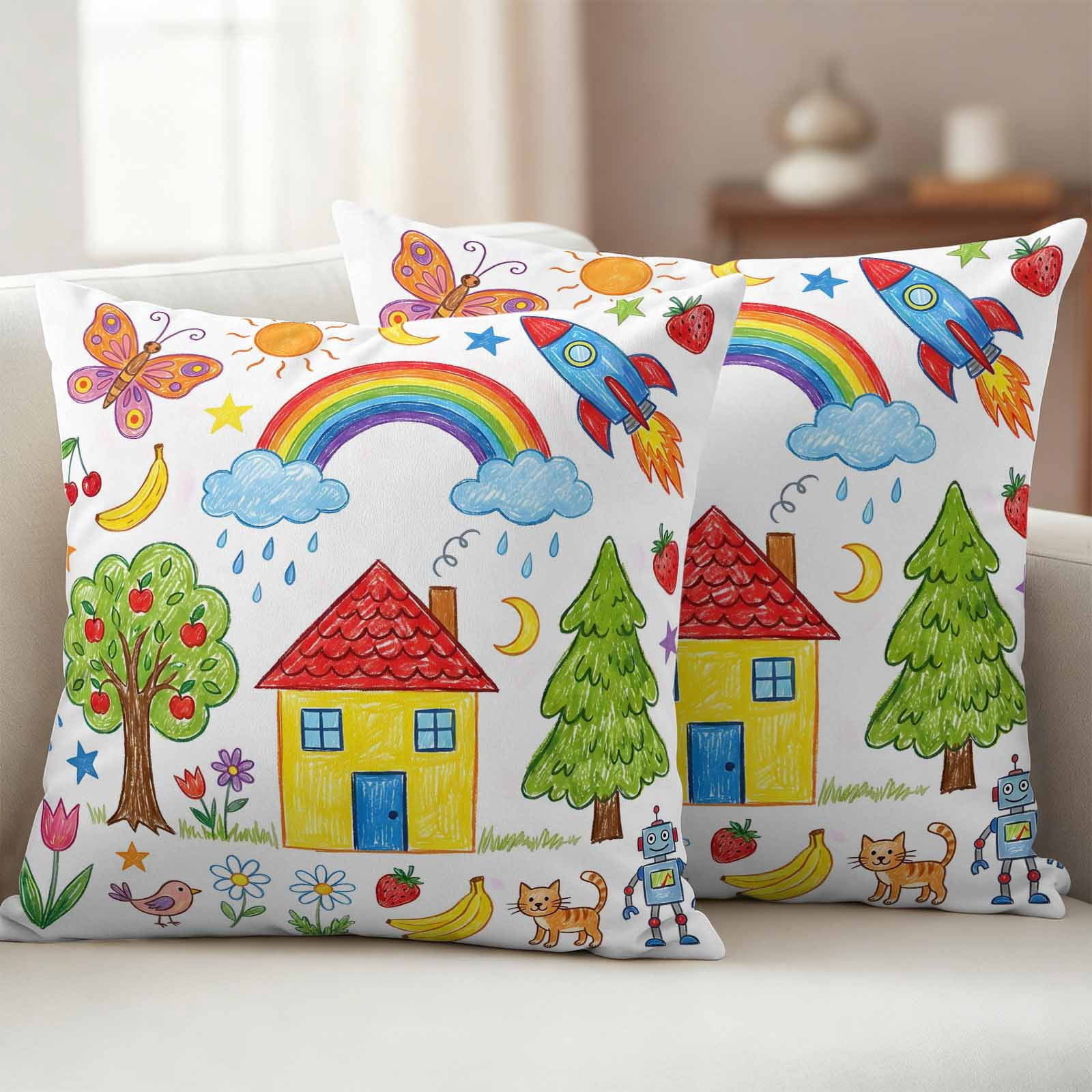 Children's Day Outdoor Waterproof Throw Pillow Covers 20x20 Set of 2, Cartoon Painting Rainbow Rocket Butterfly Decorative Pillowcases Cushion Pillowcase for Couch Sofa Patio Outside Pillow Protector