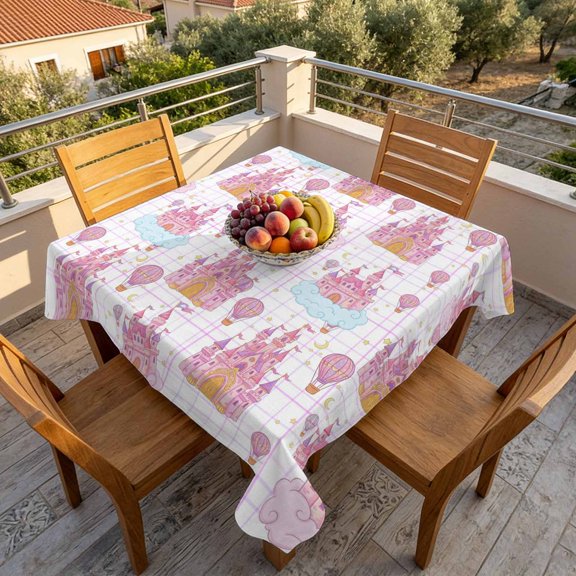 Children's Day Pink Dream Castle Balloons Table Cloth 60x60in, Waterproof Square Tablecloth Wipeable Tablecloths Blue Cloud Table Covers for Dining Tables Party Indoor Outdoor