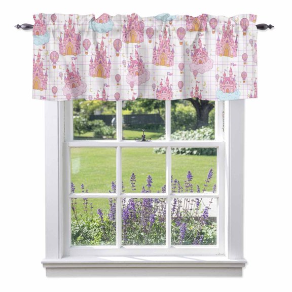 Children's Day Pink Dream Castle Balloons Valances for Windows,Kitchen Valance Rod Pocket Short Curtain, Blue Cloud Valance Curtain Window Valances for Bedroom Bathroom Living Room 42x12in
