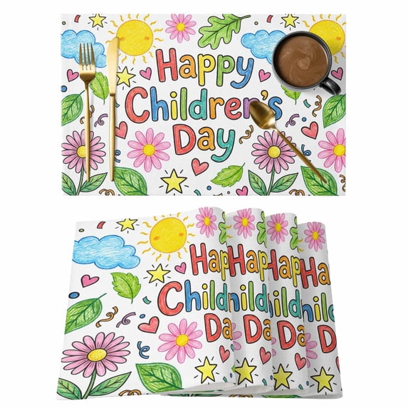 Children's Day Placemats Set of 12 Cartoon Cute Sun Nature Flowers Leaf Place Mats Indoor Wipeable Table Mats Washable Cloth Dining Table Placemats for Kitchen Holiday Party Home Decor 13x19 Inch