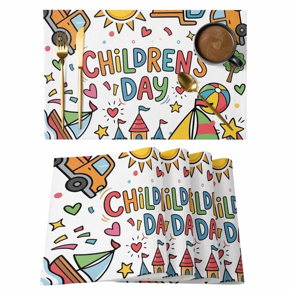 Children's Day Placemats Set of 4 Car Tree Stars Modern Abstract Art Cartoon Place Mats Indoor Wipeable Table Mats Washable Dining Table Placemats for Kitchen Holiday Party Home Decor 13x19 Inch