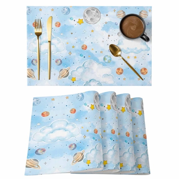 Children's Day Placemats Set of 6 Galaxy Universe Stars Planets Moons Place Mats Indoor Wipeable Table Mats Washable Cloth Dining Table Placemats for Kitchen Holiday Party Home Decor 13x19 Inch