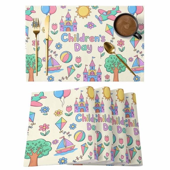 Children's Day Placemats Set of 8, Cartoon Sun Airplanes Castles Kites Boat Balloon Beige Non-Slip Place Mats Washable Table Mats for Kitchen Dining Table Decorations Indoor/Outdoor
