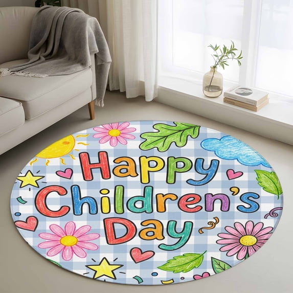 Children's Day Round Area Rug 3Ft Washable Small Circle Rugs for Kitchen Entryway, Cartoon Cute Flowers Leaf Blue Plaid Non-Slip Carpet Floor Mats Indoor Outdoor Carpet Runner Aesthetic Home Decor