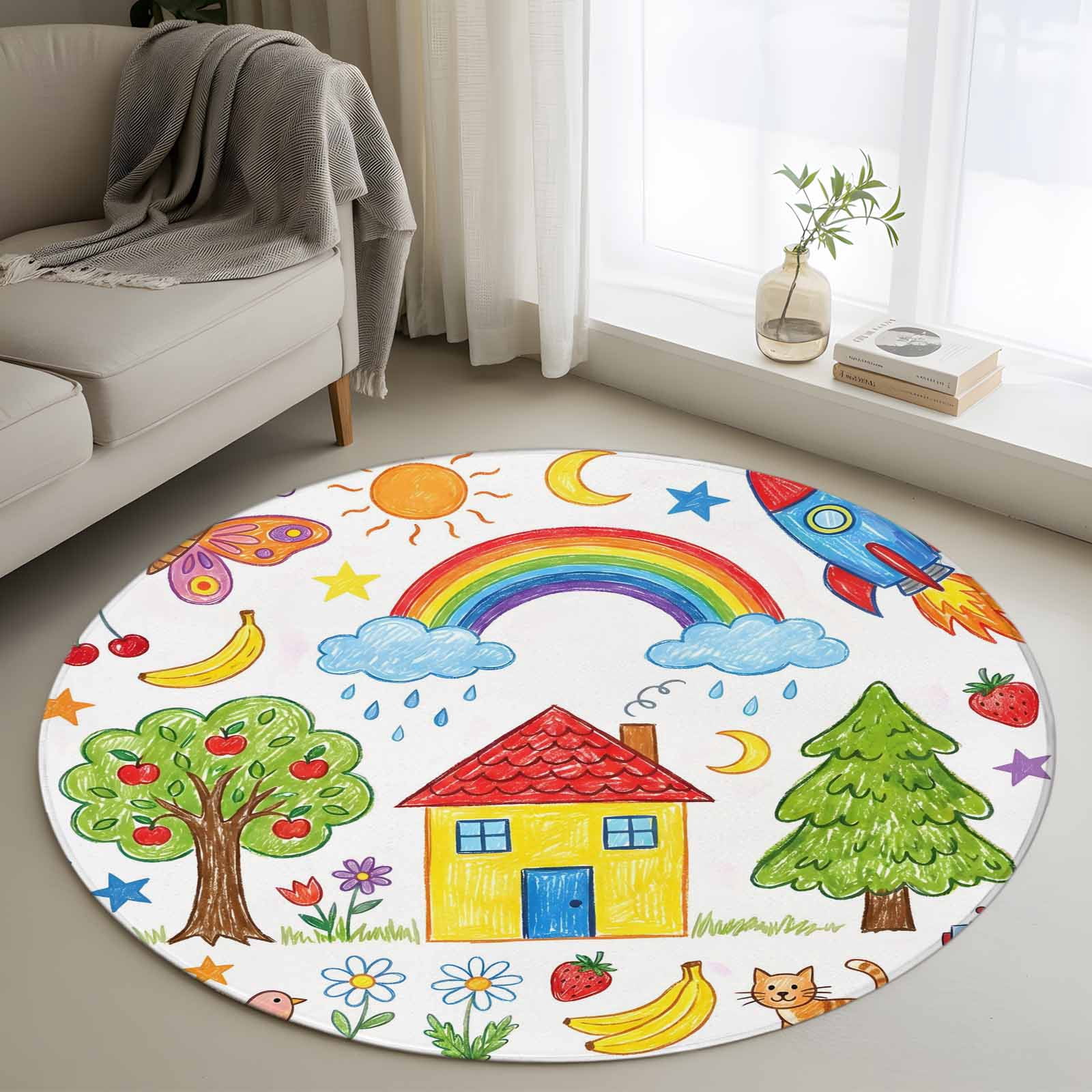 Children's Day Round Area Rug 4Ft Washable Circle Rugs for Bedroom ...