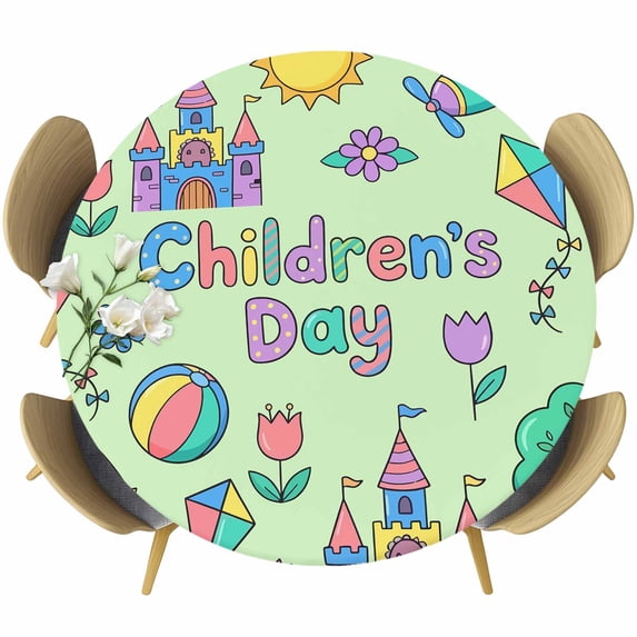 Children's Day Round Tablecloth 36-44 Inch Round Fitted Table Cloth with Elastic Edge, Airplanes Sailing Boats Tree Cartoon Green Waterproof Table Cover Protector for Outdoor Picnic Party Dining