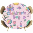 thumbnail image 1 of Children's Day Round Tablecloth 36-44 Inch Round Fitted Table Cloth with Elastic Edge, Airplanes Sailing Boats Tree Cartoon Pink Waterproof Table Cover Protector for Outdoor Picnic Party Dining, 1 of 9