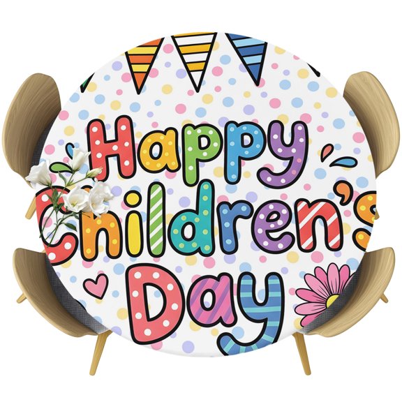 Children's Day Round Tablecloth 36-44 Inch Round Fitted Table Cloth with Elastic Edge, Cartoon Colorful Polka Dot Flowers Leaf Waterproof Table Cover Protector for Outdoor Picnic Party Dining