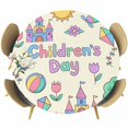 thumbnail image 1 of Children's Day Round Tablecloth 45-54 Inch Round Fitted Table Cloth with Elastic Edge, Airplanes Sailing Boats Tree Cartoon Cream Waterproof Table Cover Protector for Outdoor Picnic Party Dining, 1 of 9